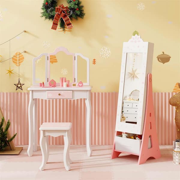 12.5 in. Width Kids Vanity Set Princess Makeup Dressing Table and Chair Set with Jewelry Armoire White