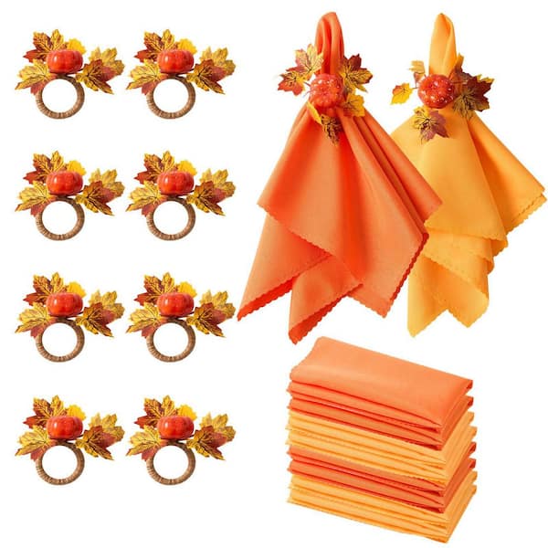 8-Piece Fabric Orange and Yellow Maple Leaf Pumpkin Fall Thanksgiving Napkin Rings Set and 8-Piece Cloth Napkins