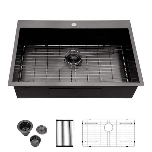 Unbranded Gunmetal Black Stainless Steel 33 in. Single Bowl Drop-In Kitchen Sink