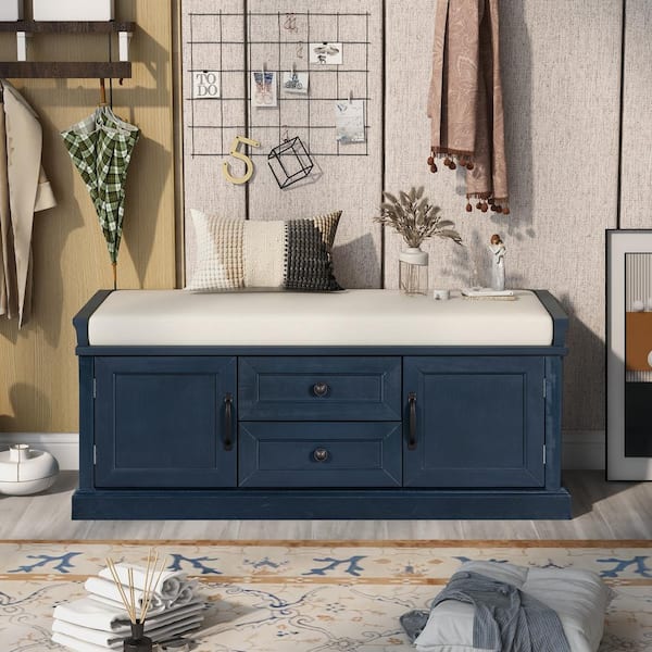17.5 in. H x 42.5 in. W Navy Blue Wood Shoe Storage Bench with 2-Drawers, 2-Cabinets and Removable Cushion
