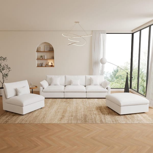 156 in. Square Arm 5-Piece Linen Upholstered Cloud Modular Sectional Sofa 4-Seater w/ Ottoman, Washable Covers in White