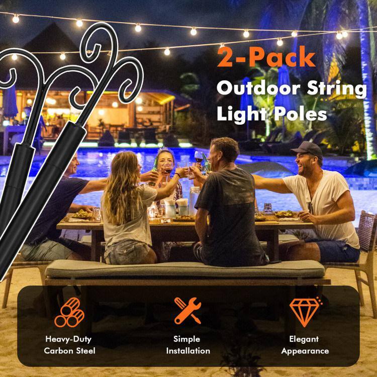 Black Steel Outdoor String Light Poles with Arc Hook and 5-Prong Base - 10 ft