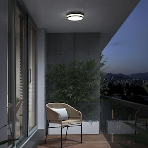 Luna 11.64 in. 1-Light Black Outdoor Weather Resistant Modern Integrated LED Flush Mount Ceiling Light