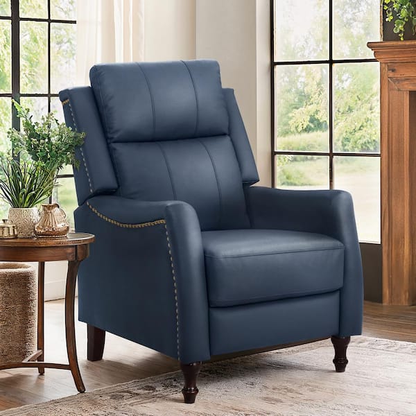 OrangeOne Hania Navy Genuine Leather Recliner Chair Arm Chair with Rivets and Retractable Footrest