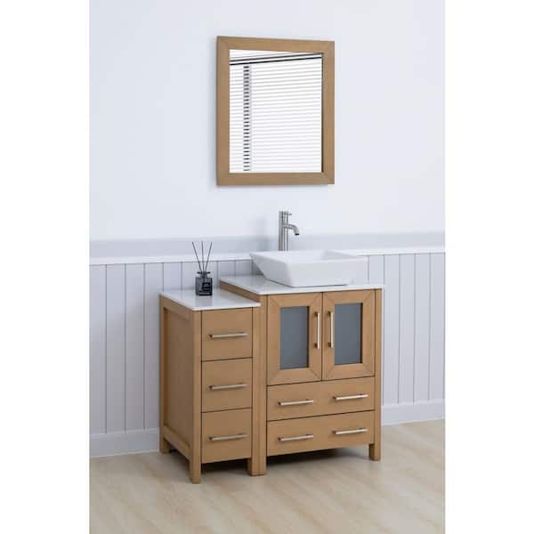 36 in. W Single Basin Natural Oak Bath Vanity with White Engineered Marble Top and Mirror