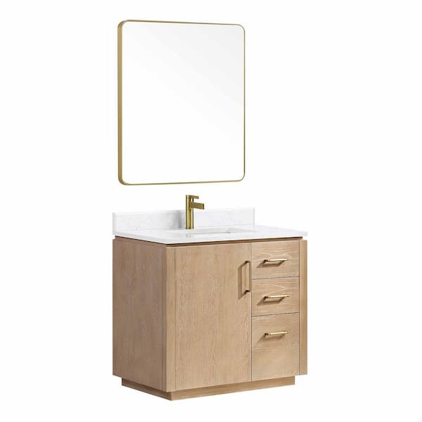 San 36 in.W x 22 in.D x 33.8 in.H Single Sink Bath Vanity in Washed Ash Grey with White Composite Stone Top and Mirror