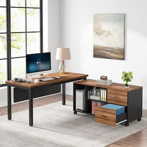 Lantz 55.11 in. L-Shaped Rustic Walnut Wood and Metal 2 Drawer Computer Desk with Storage Drawers Cabinet Set