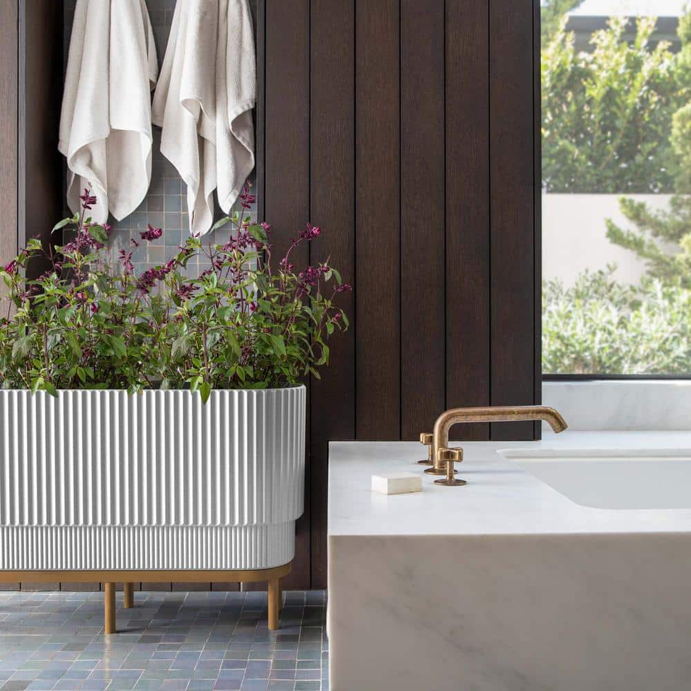 White and Brown 30" Raised Planter with Acacia Wood Stand
