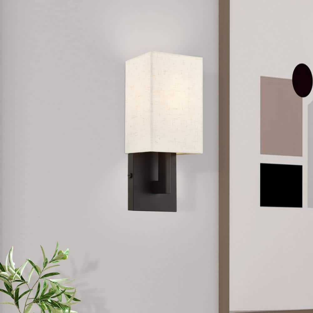 English Bronze Wall Sconce with Oatmeal Fabric Shade