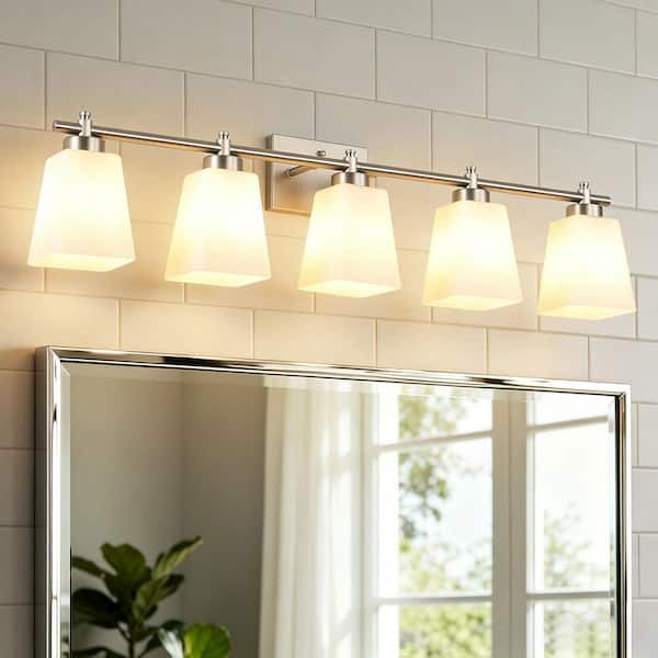 36 in. 5-Light Nickel Bathroom Vanity Light Contemporary Wall Sconce with Milky White Glass Shades
