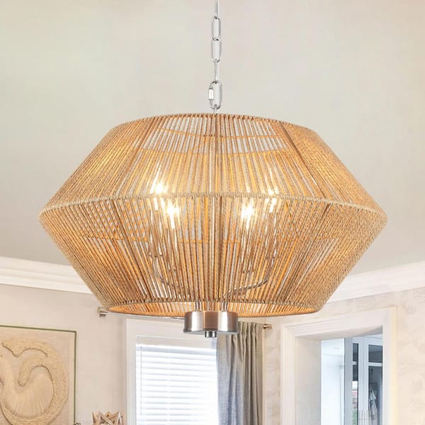 ZJVAIVE 4-Light Drum Nickel Hanging Linear Chandelier Lighting with Paper Rattan Shaded for Kitchen Island
