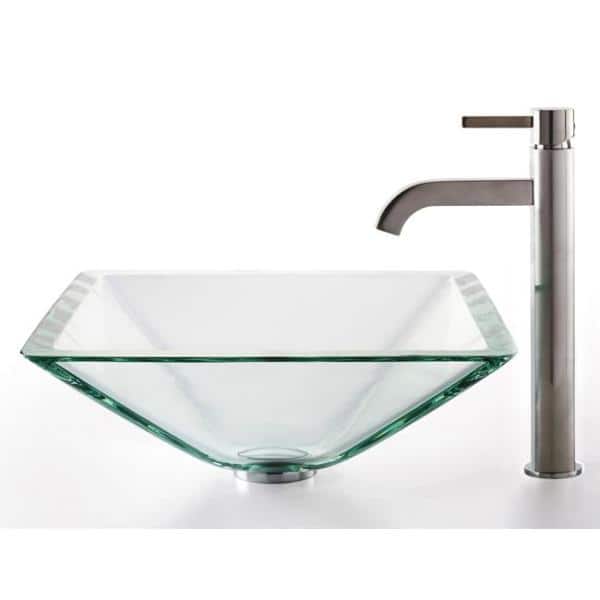 Clear Glass Square Vessel Sink with Chrome Faucet