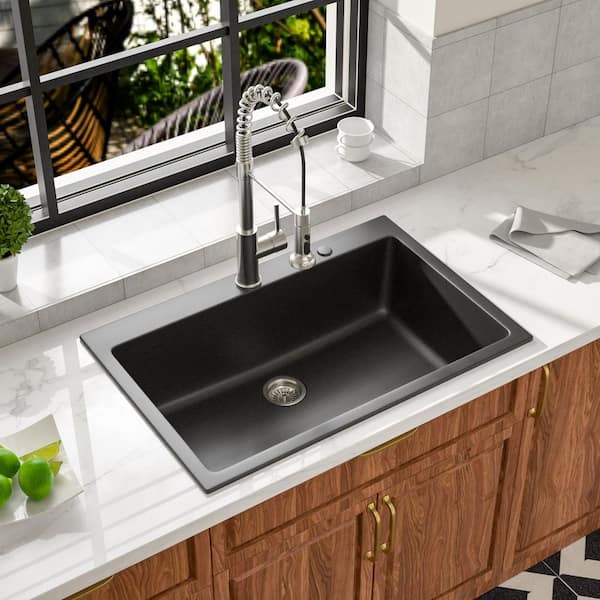 Granite 33 in. x 22 in. Matte Black Drop-In Single Bowl Quartz Composite Kitchen Sink with Bottom Grids