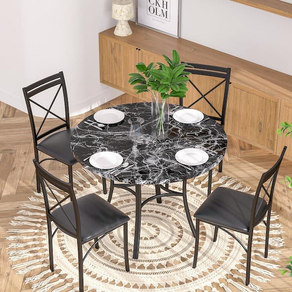 VECELO Modern 5-Piece Marble Dining Table Set - Compact 4-Seat Kitchen Dinette Furniture, Black Dining Set