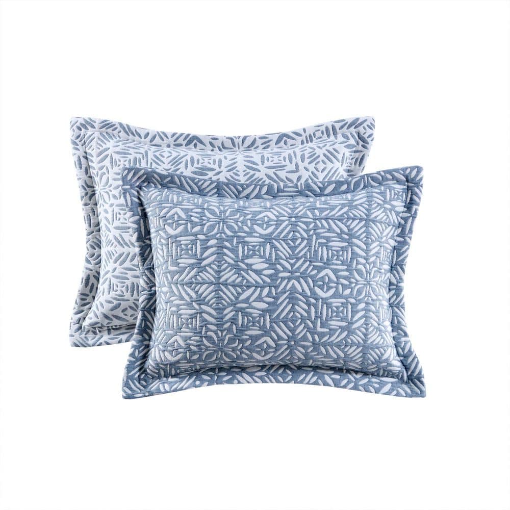 Blue Reversible Cotton Full Quilt Set with Embroidered Pillow