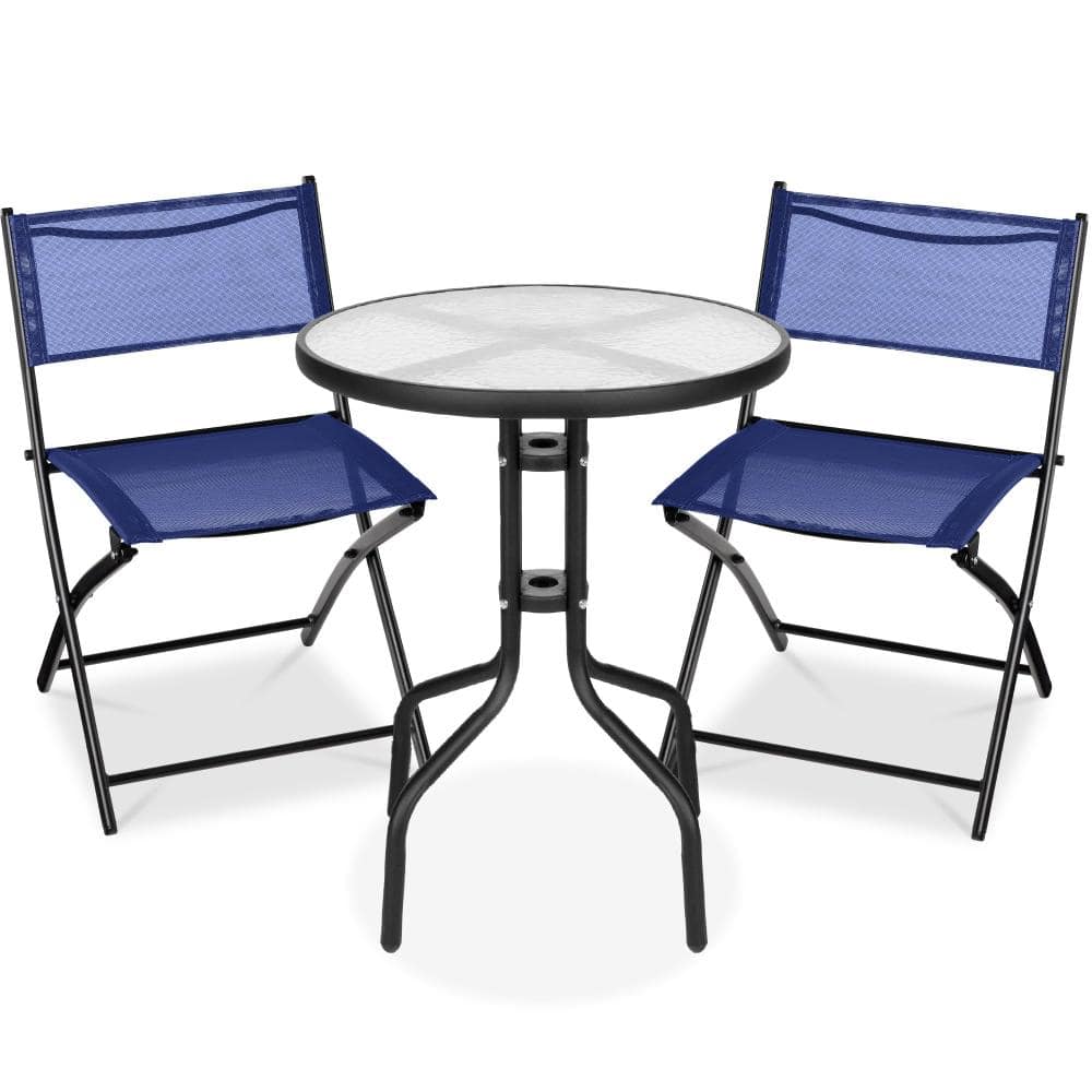 23.75 in Round Patio Bistro Set Foldable Chairs Textured Glass Tabletop Navy 3 Piece price history on PriceWatchPro