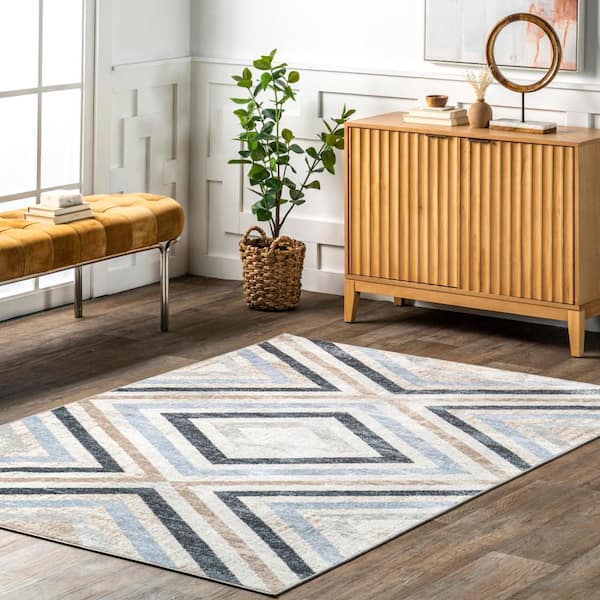 Akari Transitional Diamond Machine Washable Blue 8 ft. x 10 ft. Area Rug