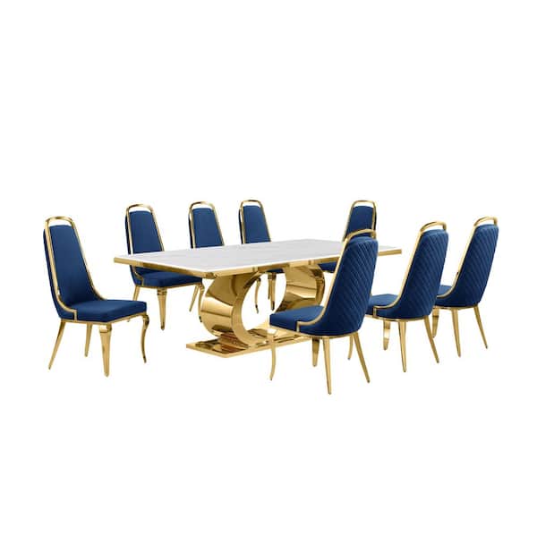 Best Quality Furniture Ibraim 9-Piece Rectangle White Marble Top Gold Stainless Steel Dining Set with 8 Navy Blue Velvet Gold Chrome Iron Chair