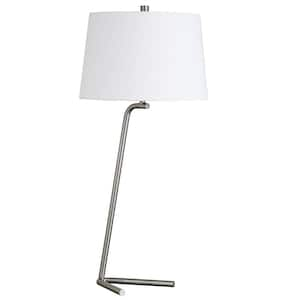 28 in. White Mid-Century Integrated LED Bedside Table Lamp with White Fabric Shade