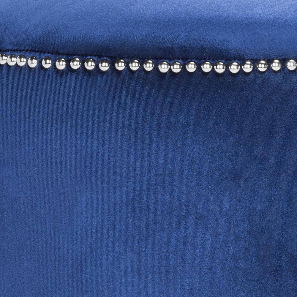 Transitional Royal Blue Velvet Round Ottoman with Nailhead Trim