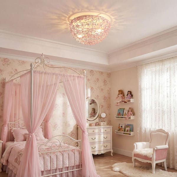 Izzy 15.5 in. 2-Light Round Metal Dome Matte White/Pink LED Flush Mount for Bedroom and Bathroom
