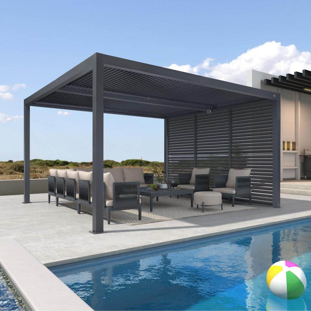 12 ft. x 14 ft. Gray Aluminum Louvered Pergola with 2 Adjustable Sunshade Roofs and 1-Short Side Fixed Shutter Wall price history on PriceWatchPro