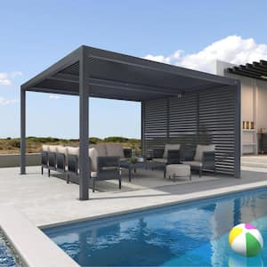 12 ft. x 14 ft. Gray Aluminum Louvered Pergola with 2 Adjustable Sunshade Roofs and 1-Short Side Fixed Shutter Wall