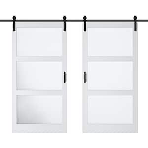 96 in. x 84 in. 3-Lite Tempered Frosted Glass White Finished Composite MDF Sliding Barn Door Slab with Hardware Kit