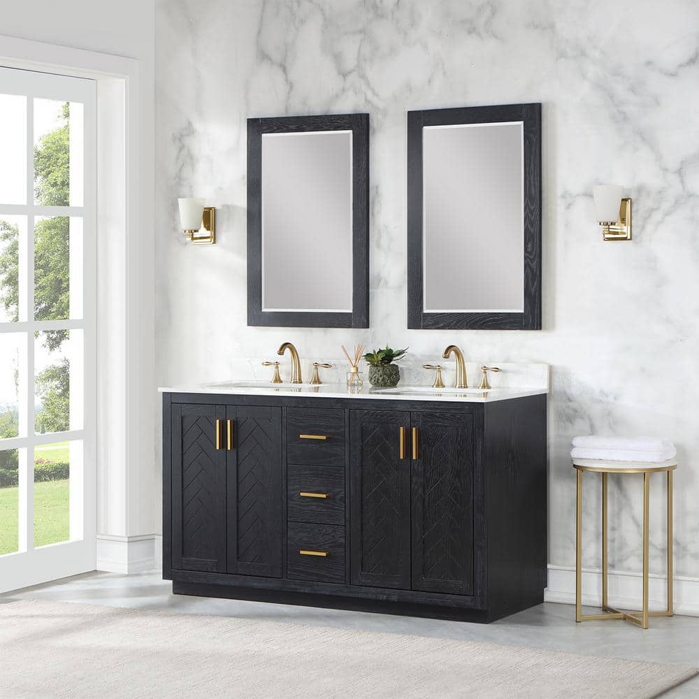 Gazsi 60" Black Oak Double Bathroom Vanity with White Stone Countertop