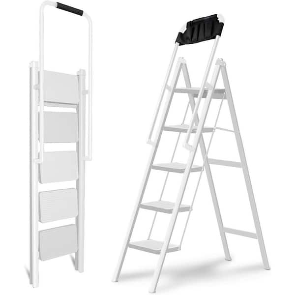 5 Step Folding Step Ladder with Handrails and Tool Bag, Anti-Slip, Compact Sturdy Indoor/Outdoor Ladder Reach 60 in. H