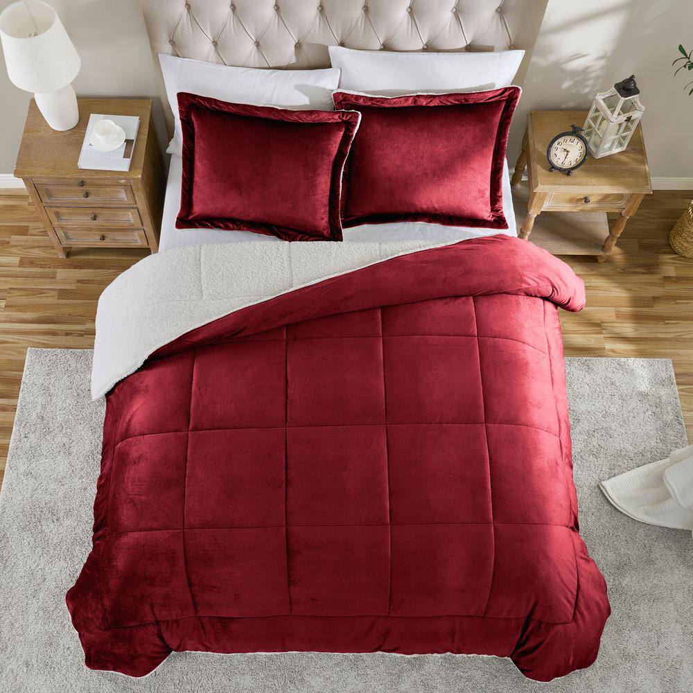 Full Burgundy Reversible Microfiber and Sherpa Comforter Set