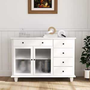 White Wood 47.24 in. Buffet Storage Cabinet Console Cupboard with Glass Door Drawers Kitchen Dining Room