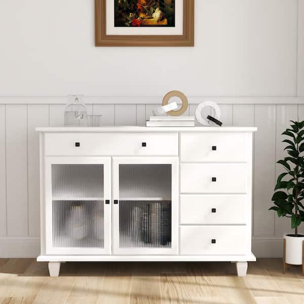 White Wood 47.24 in. Buffet Storage Cabinet Console Cupboard with Glass ...