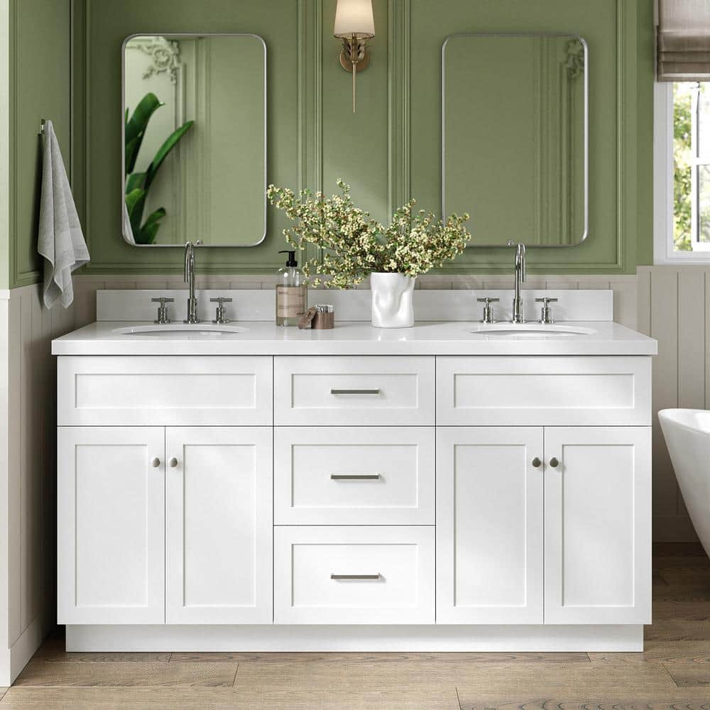 Hamlet 67 in. W x 22 in. D x 36 Double Sink Freestanding Bath Vanity in White with Pure White Quartz Top -  ARIEL, F067DWQOVOWHT