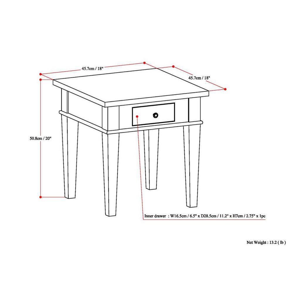 Tobacco Brown Solid Pine Square End Table with Drawer