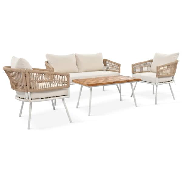 myhomore Furniture Set of 4-Piece Metal Conversation Set with Acacia Wood Table, Patio with Thick Cushion, Beige