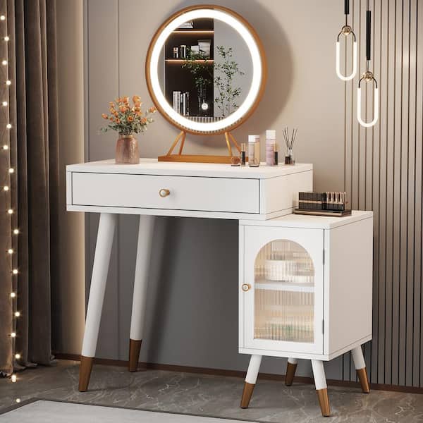 BYBLIGHT Helotes White Makeup Vanity Table with Drawer and Storage Cabinet