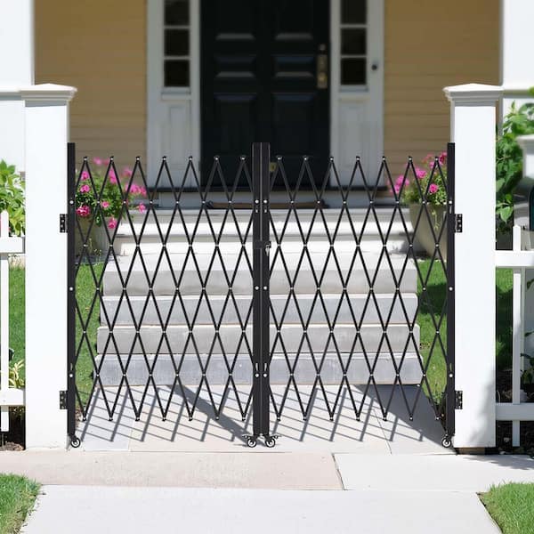 Double Folding Security Gate, Lockable Scissor Gate with 360° Swivel Casters, Retractable, 145.67 x 63.19 in. (W x H)