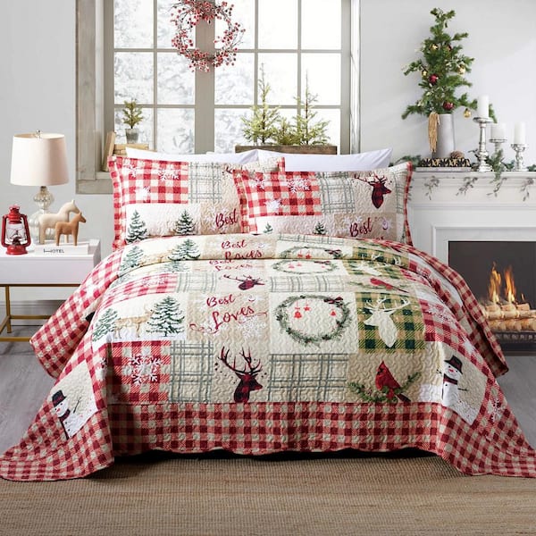 MarCielo B009 Christmas Red Elk and Cardinals Queen Size Polyester Quilt Bedspread Set
