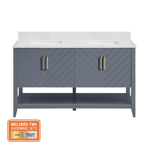 Baybarn 60 in. W x 22 in. D x 35 in. H Double Sink Freestanding Bath Vanity in Blue Ash with White Engineered Stone Top