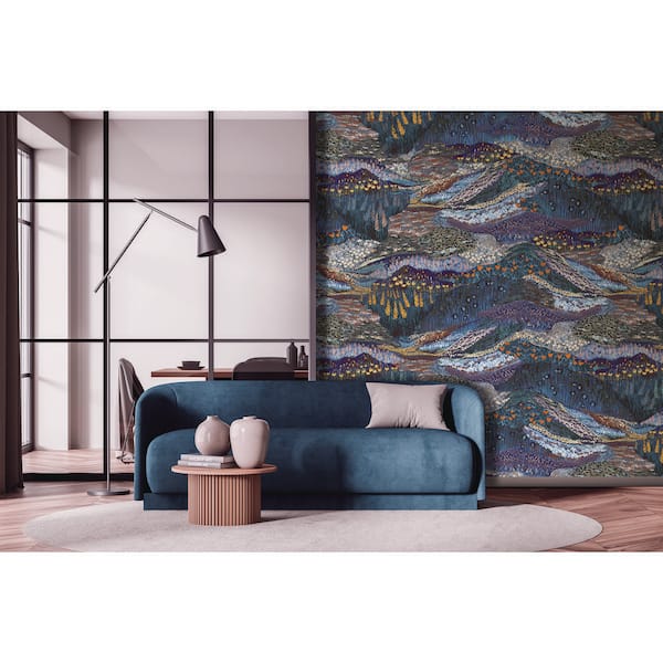 Midnight Blue Panoramic Valleys Print Non Woven Non-Pasted Textured Wallpaper 68 sq. ft.