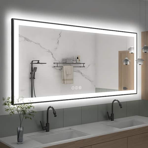  LINE 72 in. W x 36 in. H Rectangular Black Framed Wall Mount Anti-Fog Bathroom Vanity Mirror with LED Light and Memory