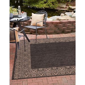 Outdoor Border Floral Border Charcoal Gray 13 ft. x 13 ft. Area Rug