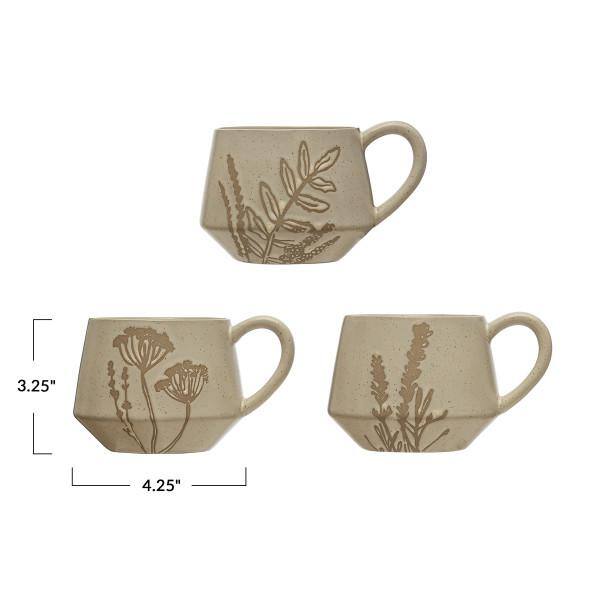 Matte White Ceramic Botanical Relief Mug Set