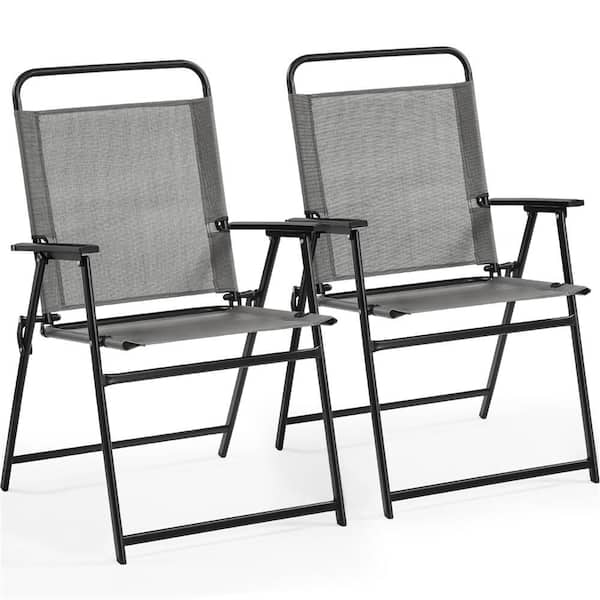 Set of 2 Outdoor Texteline Foldable Dining Chairs, All-weather Folding Lawn Chairs with Backrest/ Armrests, Gray