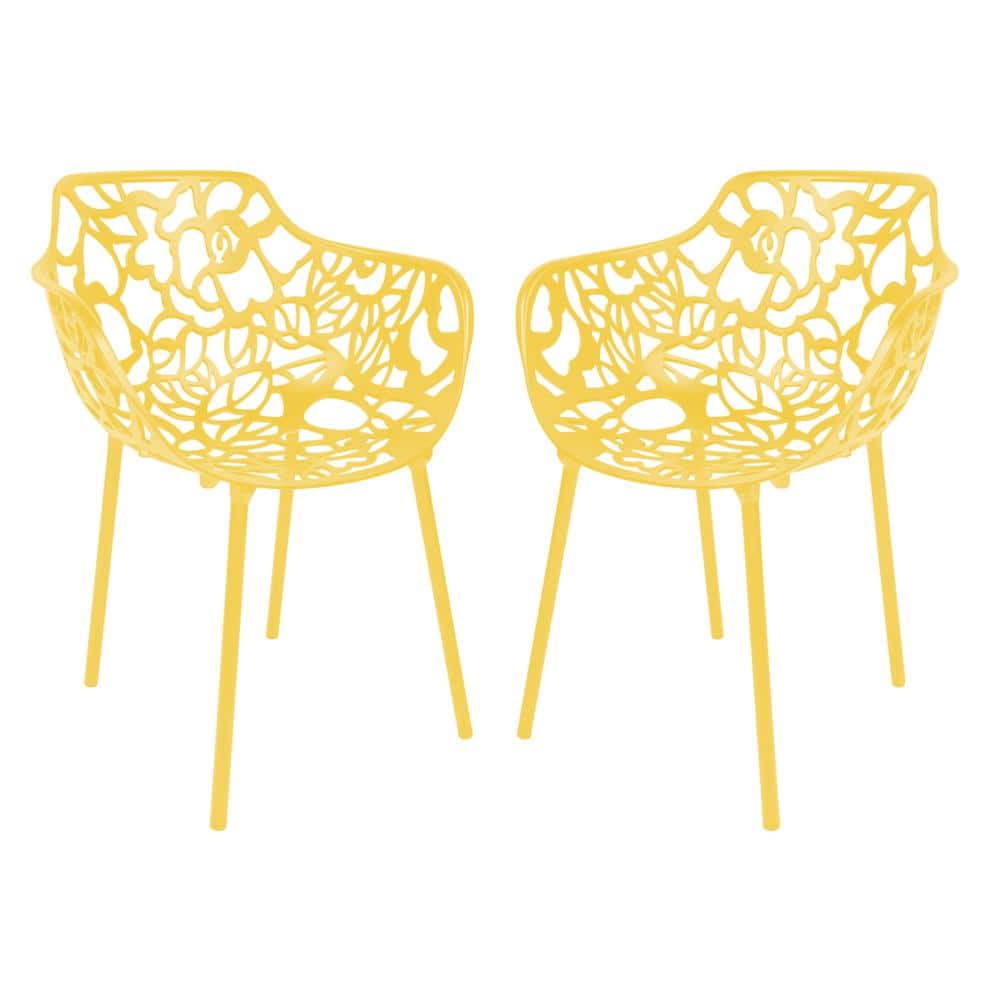 Devon Yellow Aluminum Modern Outdoor Dining Chair with Floral Cut-Out Design