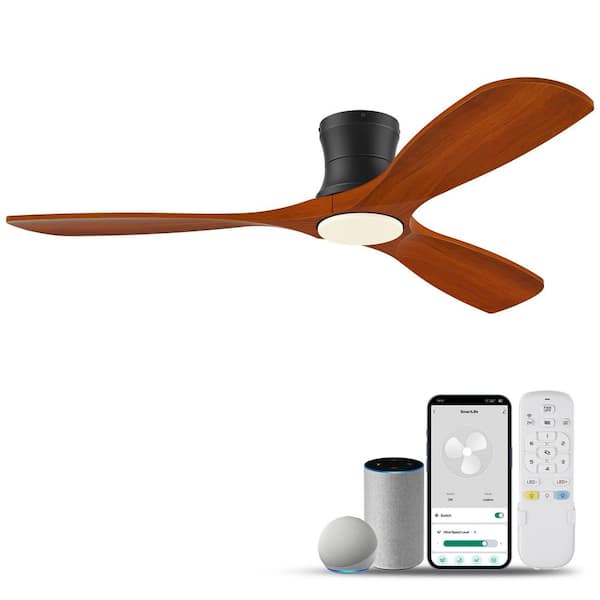 52 in. Wood Smart Outdoor Indoor Black Flush Mount Ceiling Fans w/Lights Remote,WIFI Alexa App workable,Quiet DC Motor