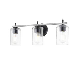 Forrest 5.4 in. 3 Light Matte Black and Faux Distressed Wood Vanity Light with Clear Glass Shade