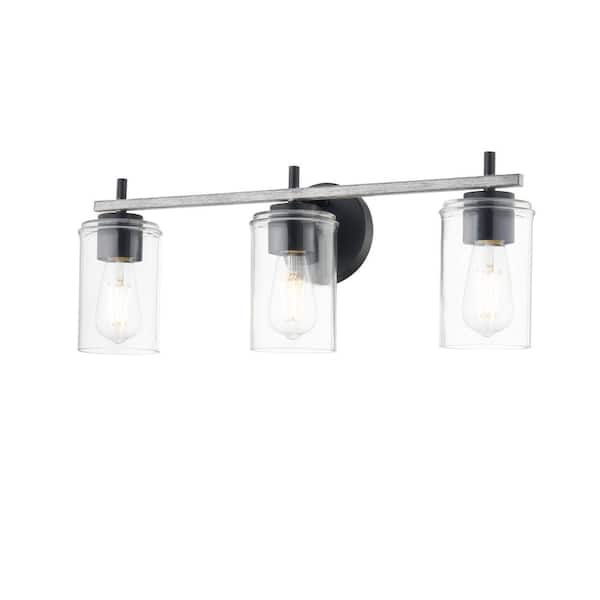 Fifth and Main Lighting Forrest 5.4 in. 3 Light Matte Black and Faux Distressed Wood Vanity Light with Clear Glass Shade