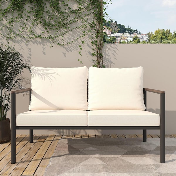 2-Seater Wicker Outdoor Loveseat Sofa with Beige Cushions